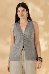 Handwoven Linen Grey collared Waist Coat with Pads